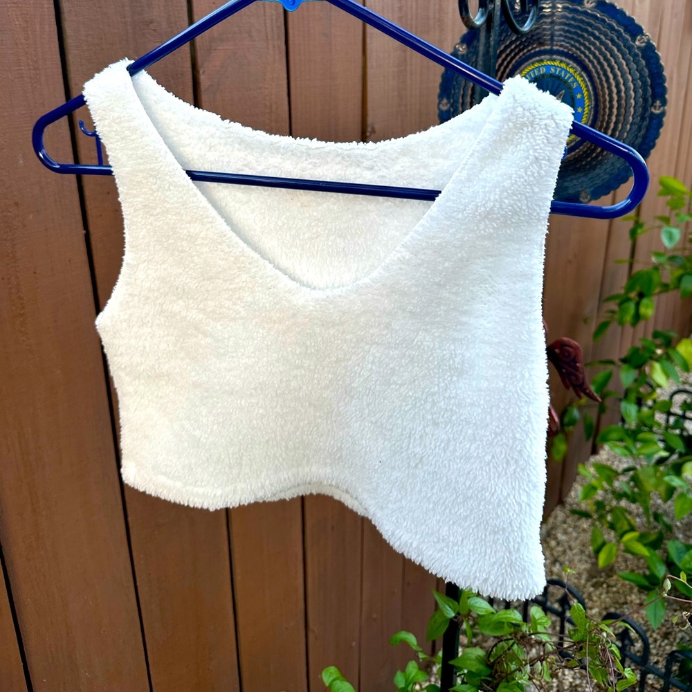 white fuzzy crop top